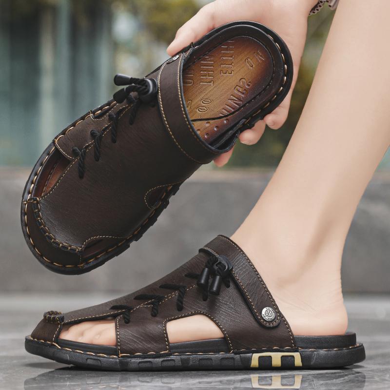 Кожаные мужские пляжные сандалии для воды, летние уличные повседневные спортивные сандалии с закрытым носком, нескользящие мягкие походные забродные кроссовки