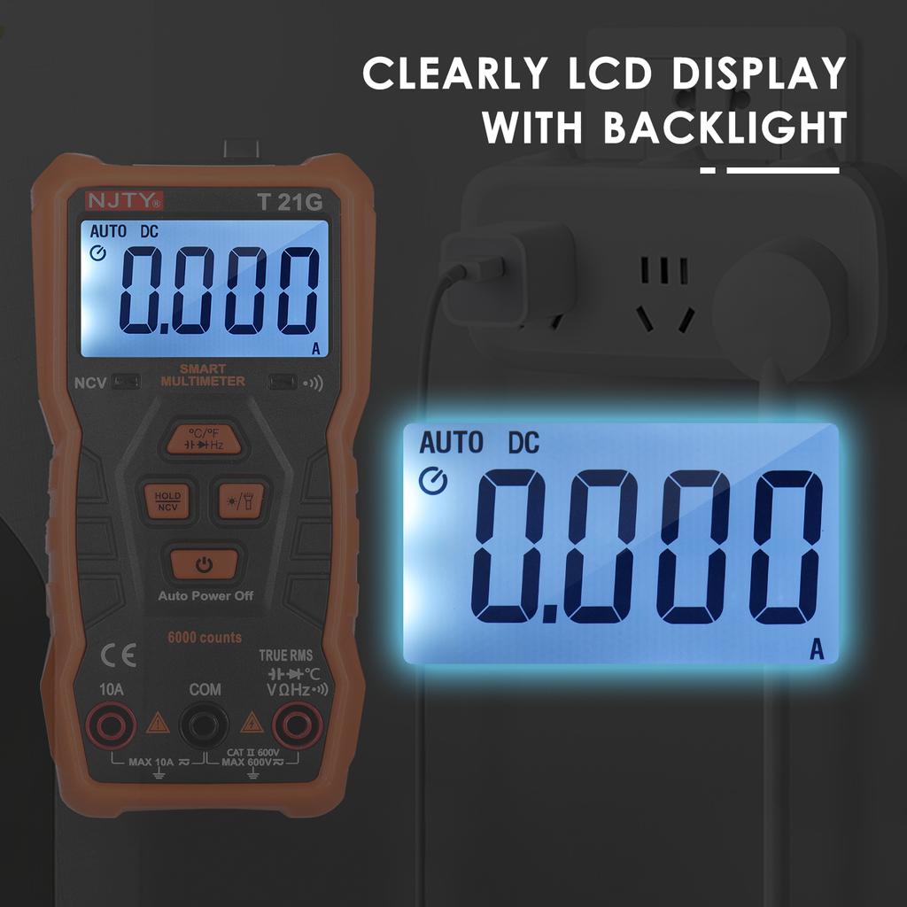 NJTY T21G Мини-умный мультиметр, 6000 отсчетов, истинное среднеквадратичное значение, универсальный счетчик, карманный размер, компактный 2-дюймовый ЖК-дисплей