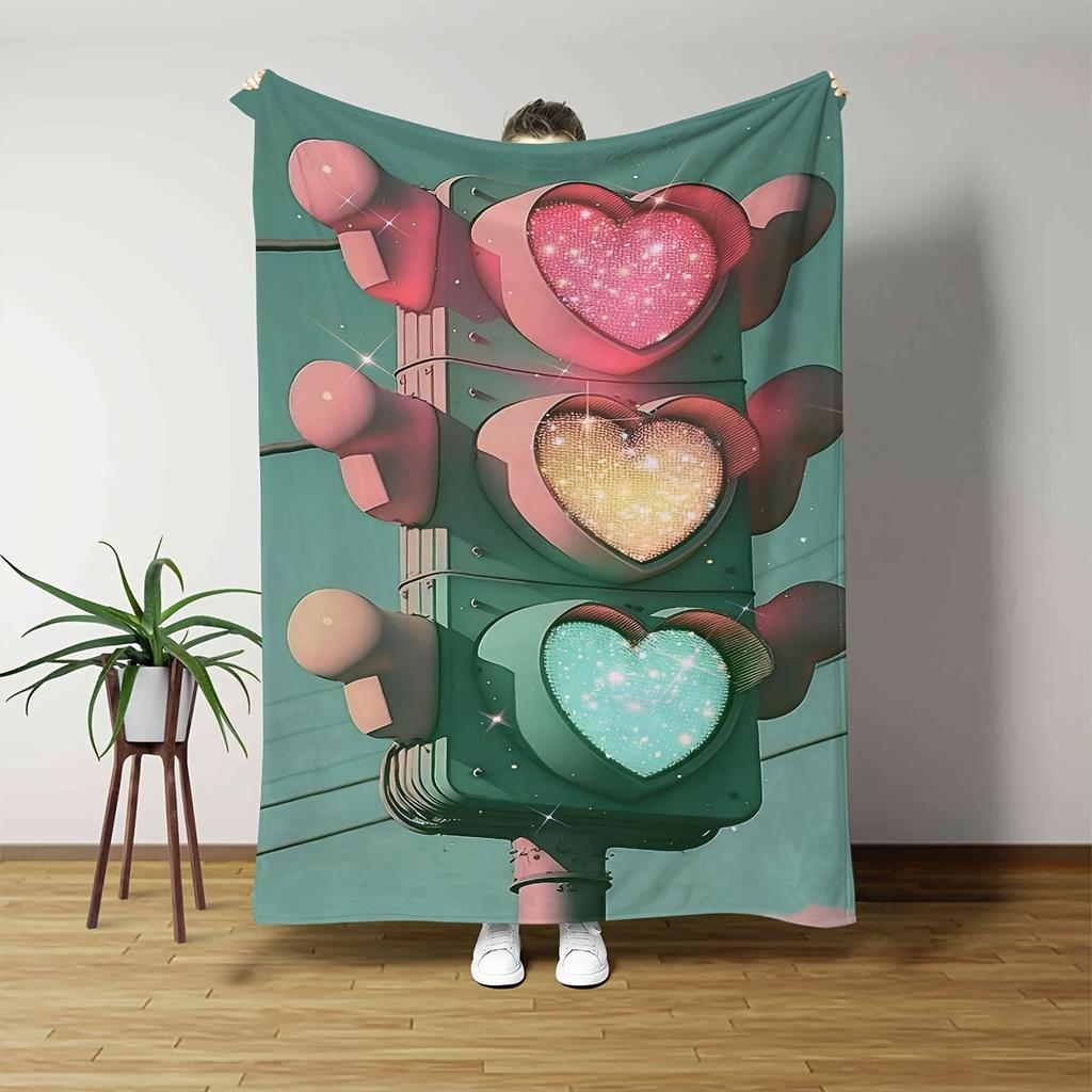1pc Cozy Cartoon Traffic Light Design Throw Blanket, Soft Polyester Fiber, Chunky Knit Weave, All Seasons, Tear Resistant, Machi