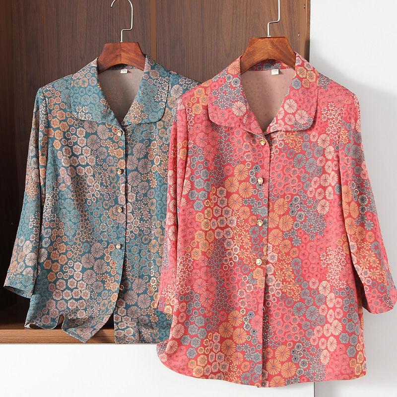 Autumn Floral Print Shirt for Women Long Sleeve Lapel Blouse Middle Aged Ladies Spring Top
