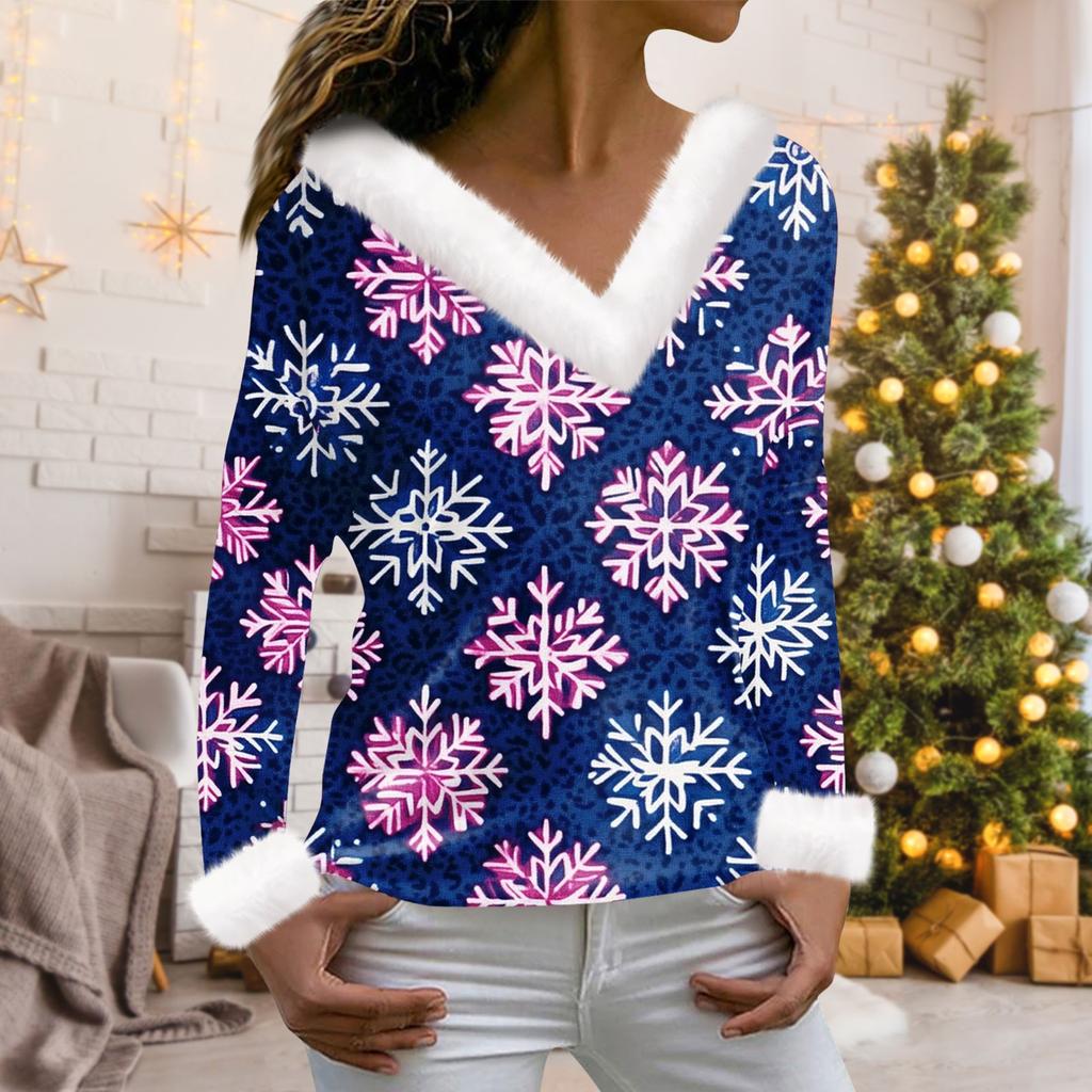 Женская мода с длинным рукавом и рождественским принтом для вечеринок, плюшевый повседневный топ с V-образным вырезом