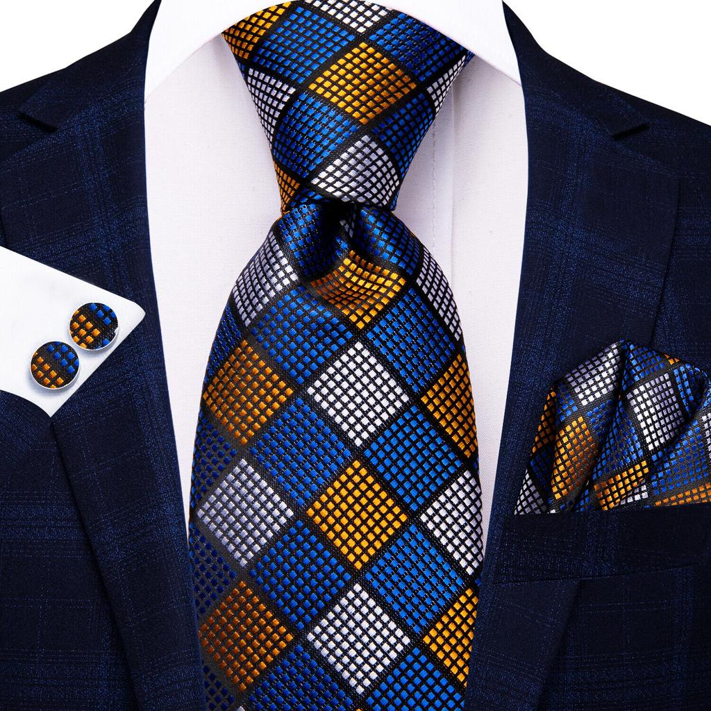 Hi-Tie Dark Gold Plaid Jacquard Mens Silk Tie Classic Necktie Cufflink Hanky Set