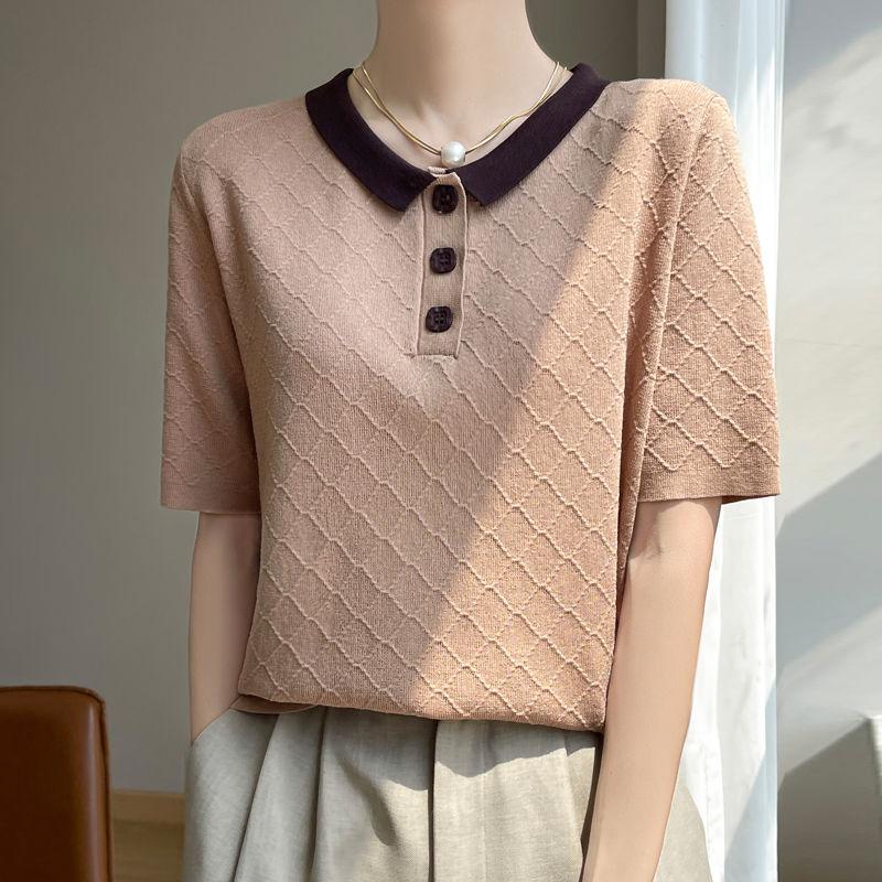 Летняя новая женская трикотажная футболка Ice Silk с воротником-поло и короткими рукавами, универсальный топ контрастного цвета для женщин