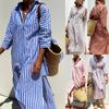 Women's New Striped Cardigan Shirt Dress with Turn-Down Collar, Five-Sleeve Style (Model 8061)