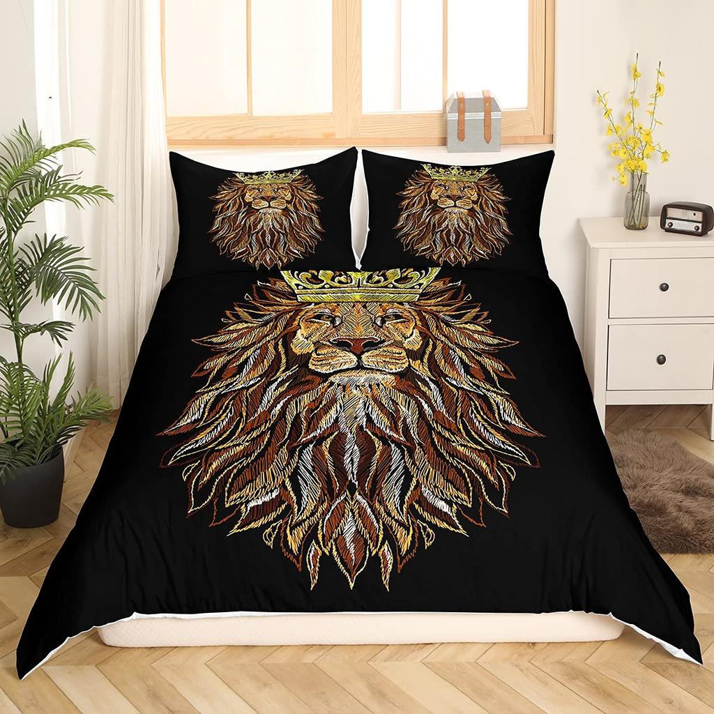 Lion Rose Duvet Cover Sets King Size Animal Floral Print Polyester Comforter Cover Nature Theme Bedding Set for Kids Adult Teens
