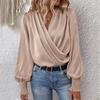 Elegant Pleated Loose Shirt Female Lantern Sleeve Women Pullover Blouse Cross V-neck Simple Solid Shirts Casual Tops Mujer 29658