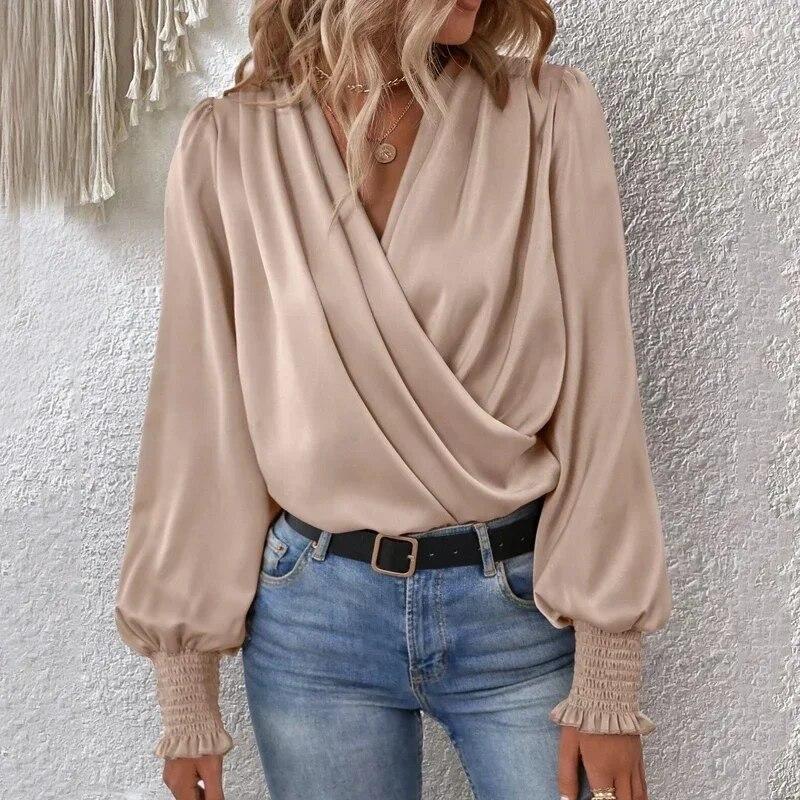 Elegant Pleated Loose Shirt Female Lantern Sleeve Women Pullover Blouse Cross V-neck Simple Solid Shirts Casual Tops Mujer 29658
