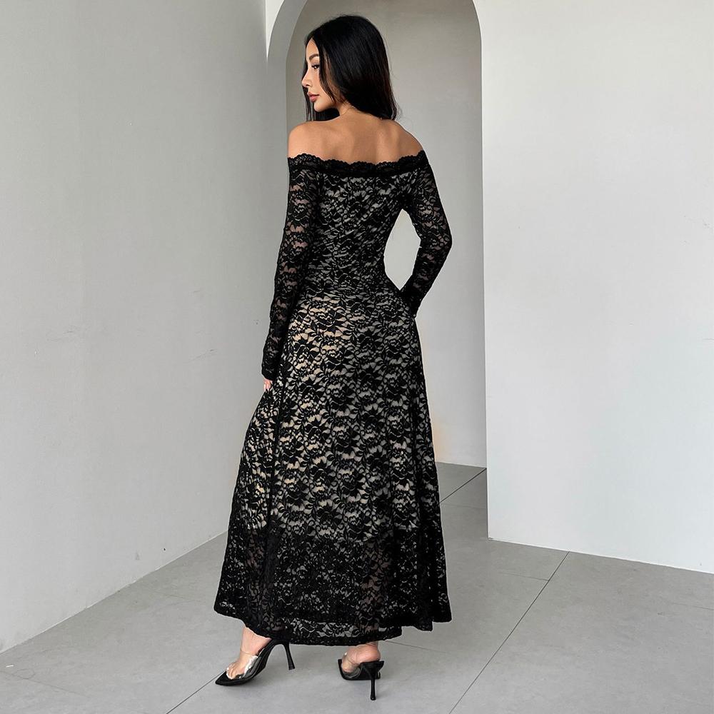 Женское кружевное макси-платье Сексуальное с открытыми плечами Длинный рукав Облегающее Элегантное Свадебное Вечернее Платье для коктейля Длинное Прозрачное платье