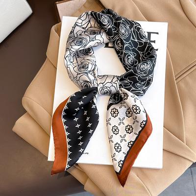 Rose Flower Print Square Scarf for Women Satin Fashion Wraps Neckerchief Female Hair Bands Headband Bandana 70X70CM