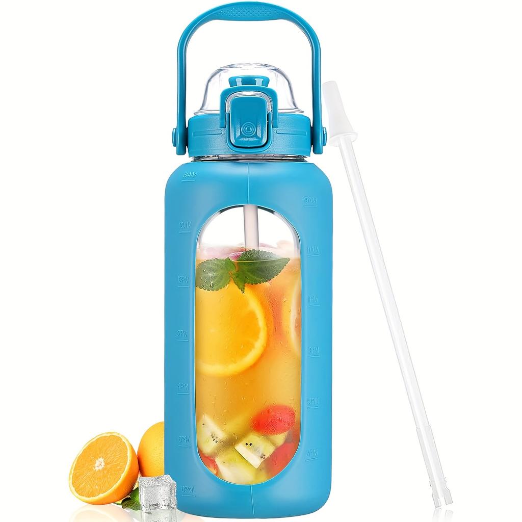 64oz Glass Water Bottles With Straw And Lid Half Gallon Water Bottle With Time Marker Leakproof Glass Water Bottles With Silicone Sleeve