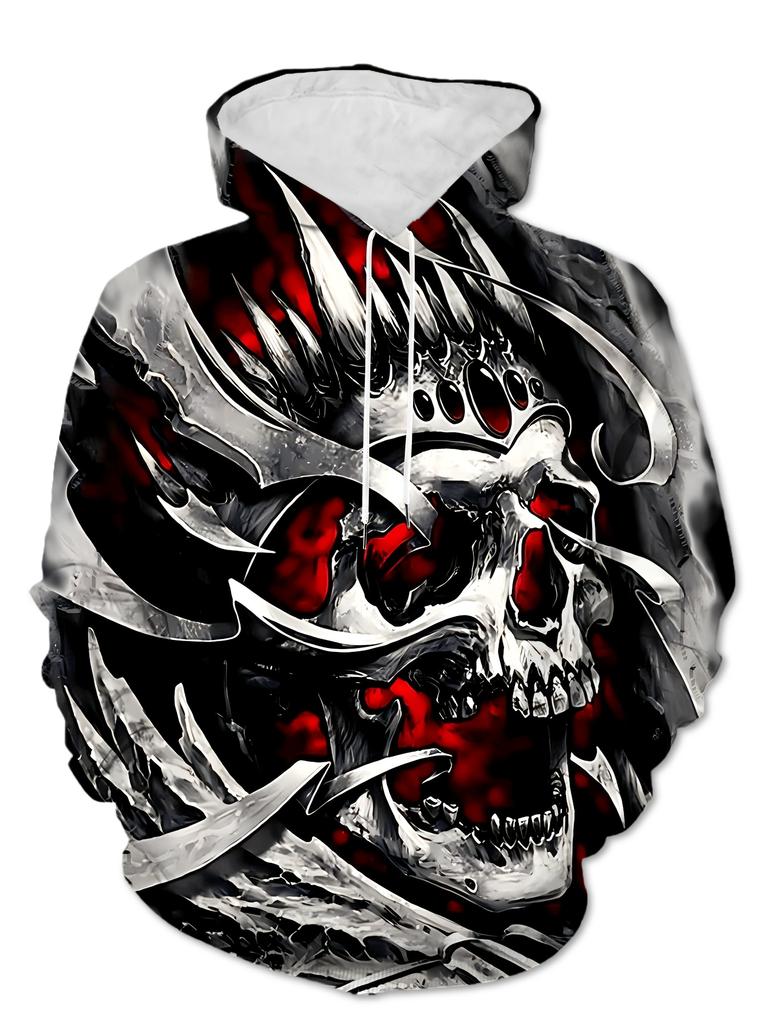Men'S Casual Sports Fashion Hoodie for Fitness And Outdoor Activities, Featuring a Flame Skull Punk Y2K Style 3D Print, Regular Fit, Elastic Material,