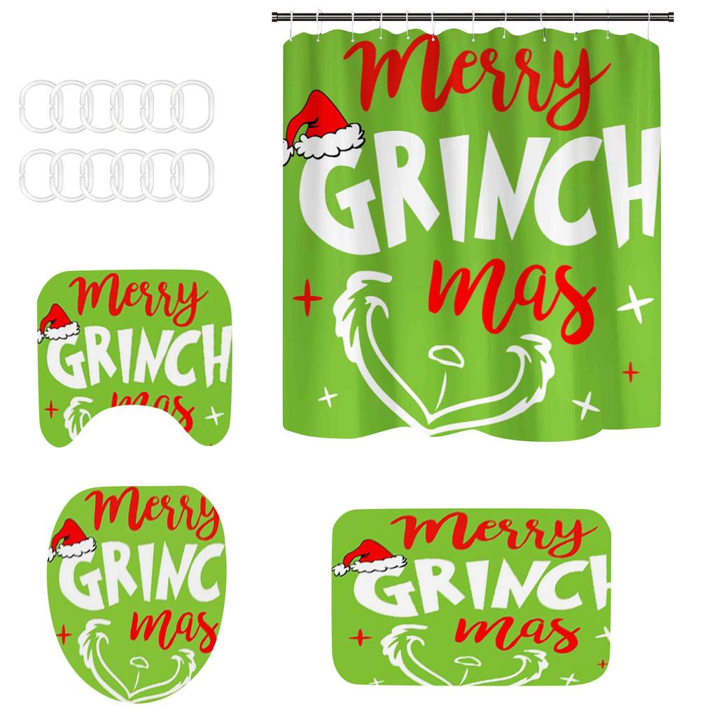 4 Christmas Bathroom Sets, Shower Curtain, - Carpet, Horse Cover And - U-shaped Bath Mat, Christmas Holiday Bathroom Decoration