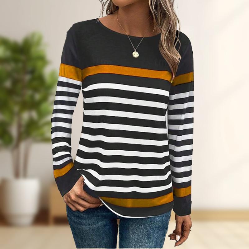 Tops For Women Blue Stripe Print Round Neck Long Sleeve T-shirt Fall Casual Slim Pullover Women's Long Sleeve Top