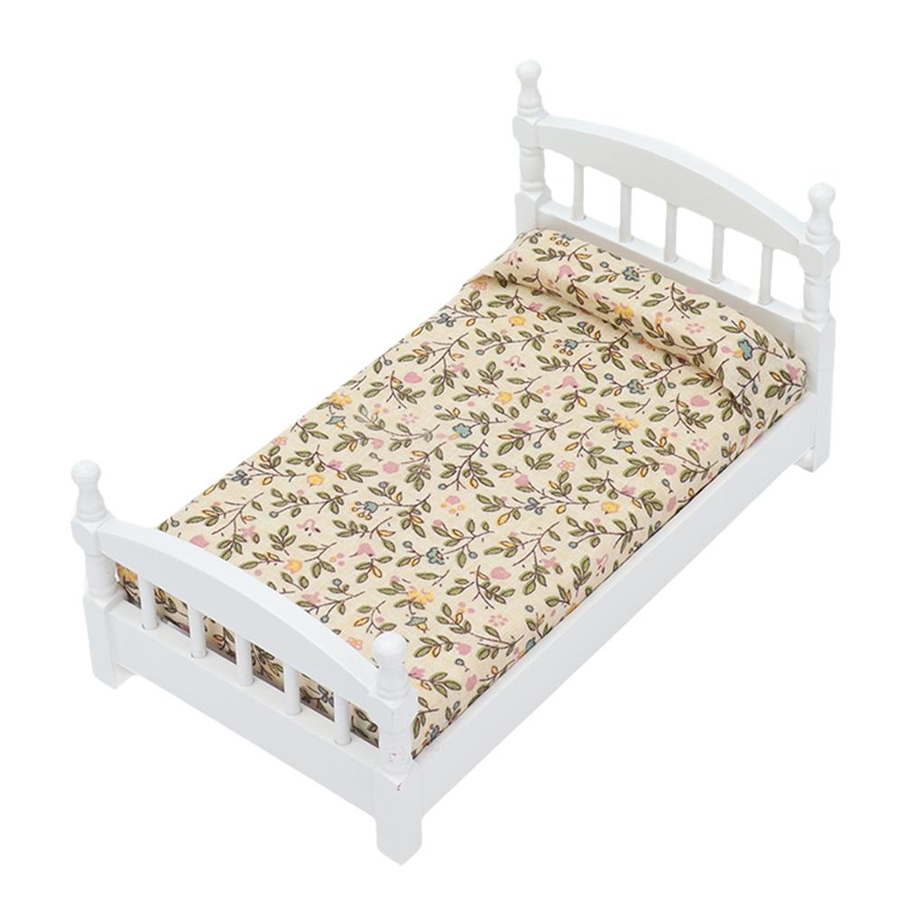 Wooden Doll House Bed 1: 12 Scale Miniature Bedroom Furniture Set with Mattress Pillow