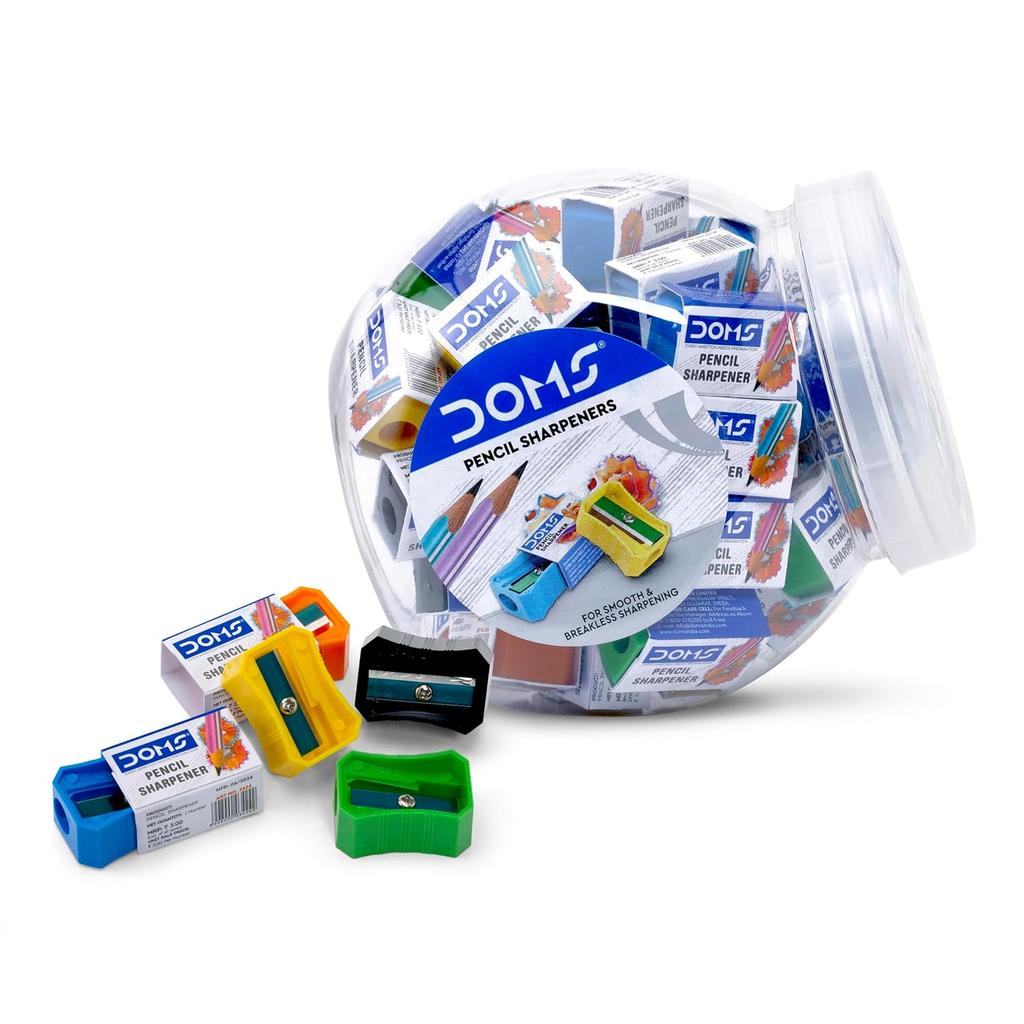 DOMS Pencil Sharpener Jar Pack Multicolour 100 Pieces with Free 20 Erasers for School Office Stationery Use Essentials