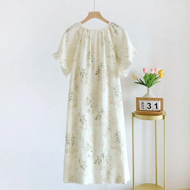 Женская легкая летняя ночная рубашка с коротким рукавом: Простое, двухслойное, свободного кроя, дышащее платье длиной до колена