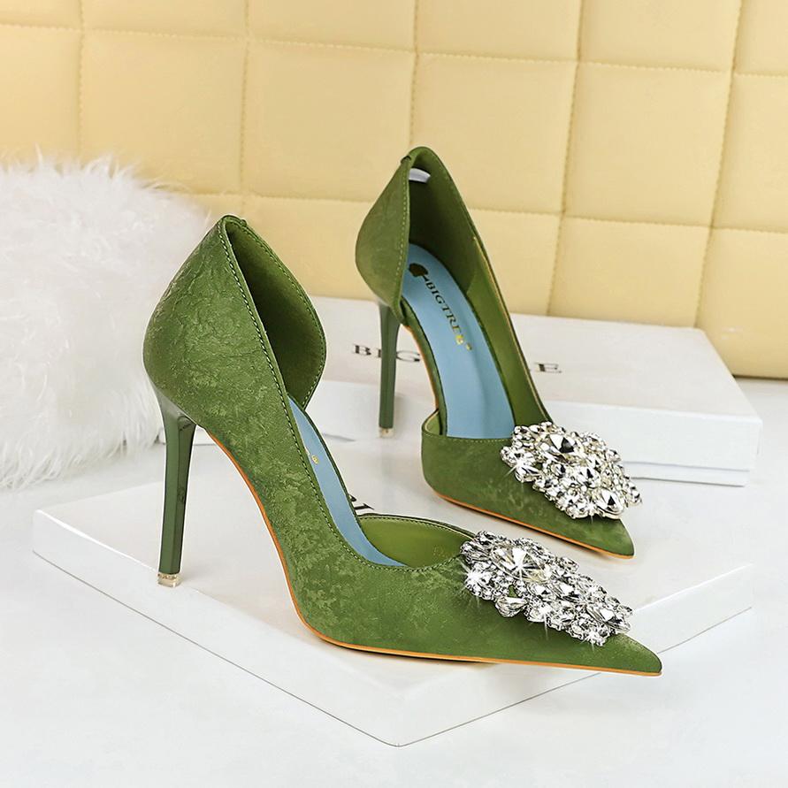 Women's Banquet High Heels Slim Heels Shallow Mouth Pointed Side Hollow Water Diamond Single Shoes