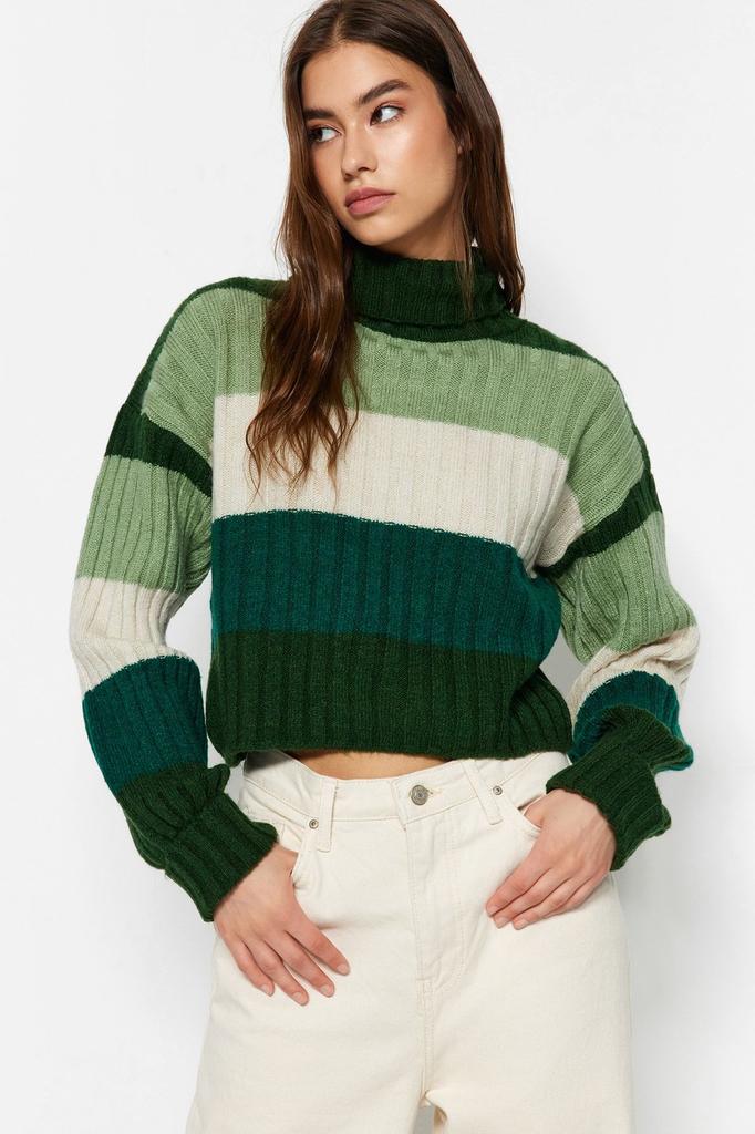 Women's Elegance Style Sweater Dark Green Crop Soft Textured Knitwear Sweater