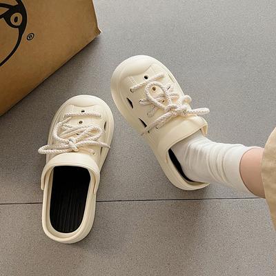 Летние уличные шлепанцы с круглым носком, женские тапочки на высокой подошве, обувь для женщин 2024 с каблуком, сандалии с черным бантом, водонепроницаемые, нескользящие, распродажа