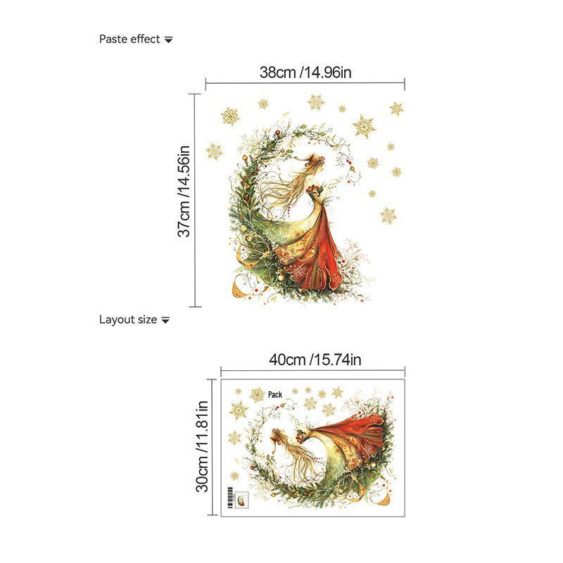 Christmas Wall Sticker: Green Tree with Gold Snowflakes and Red Girl Design for Living Room & Bedroom