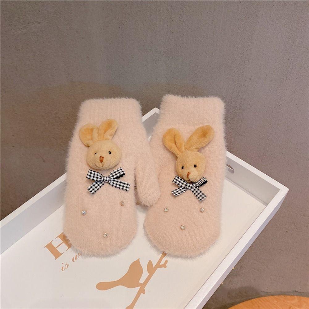 Утолщенные плюшевые перчатки с бантом, варежки с полными пальцами, милые перчатки, креативные студенческие вязаные перчатки, женские