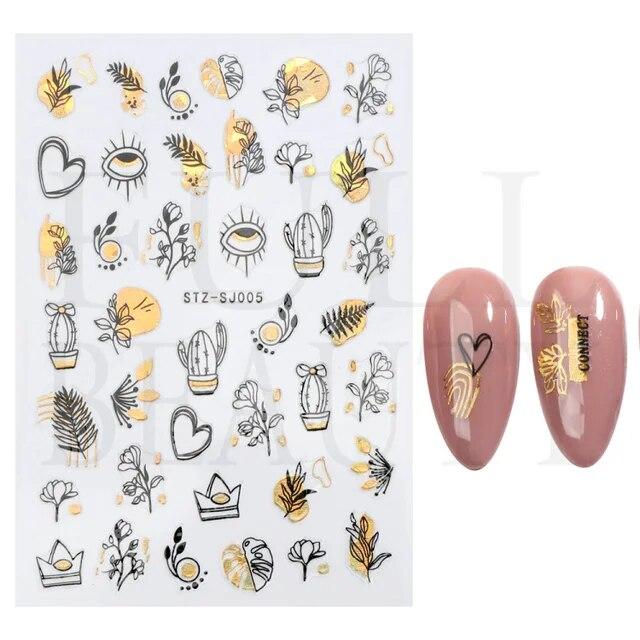 Lily Flower Geometric 3D Nail Stickers Maple Leaves Lines Nail Art Adhesive Sliders Red Berries Decals Decoration PPSTZ-SJ027