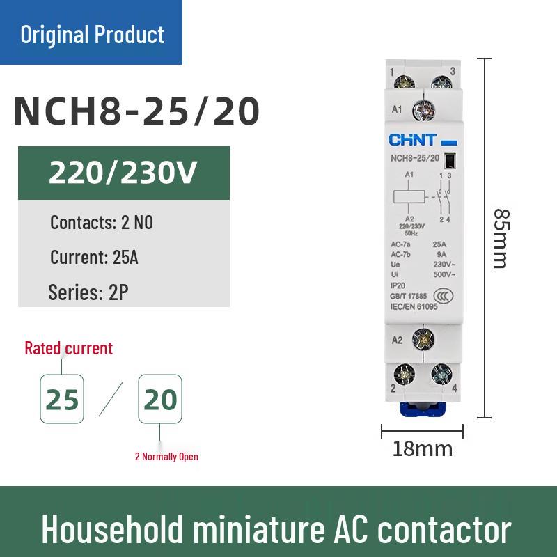 Однофазный AC контактор Chint NCH8-20/20, 20А, 240В, 2P, для монтажа на DIN-рейку