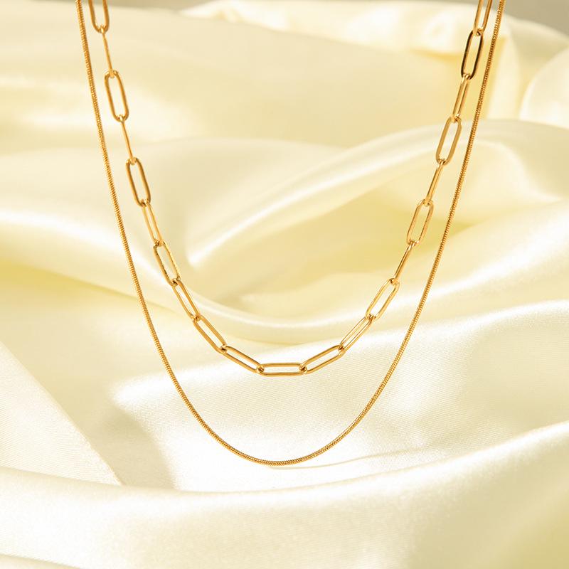 Двухслойное ожерелье из нержавеющей стали с покрытием из 18-каратного золота — не выцветает, легкая роскошная цепочка для свитера, аксессуар из титановой стали
