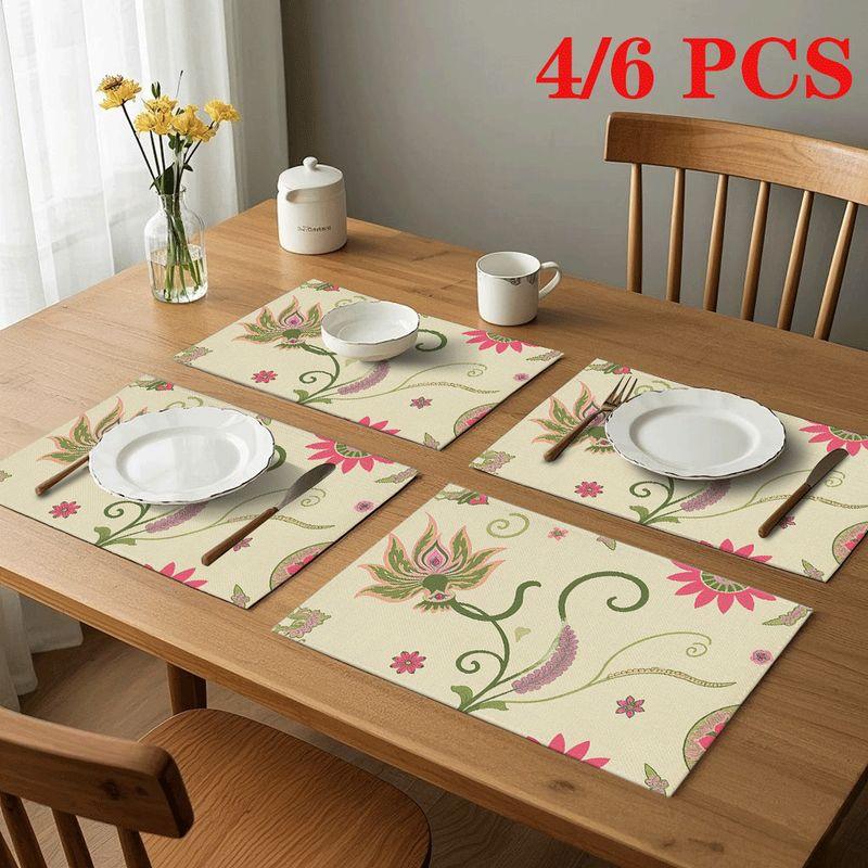 4/6pcs Rectangular Placemats - 18X12 Inches Vintage Floral Pattern Wallpaper Self-Adhesive Decorative Background Cloth 2D Element Pattern Design Easy-