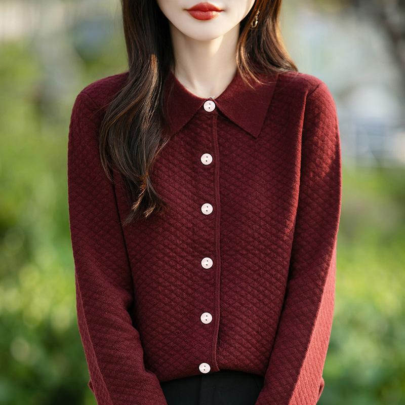 Doll Collar Rhombus Wool Knitted Cardigan Solid Color Versatile Doll Collar Jacket Thin Outer Sweater Top Cardigan