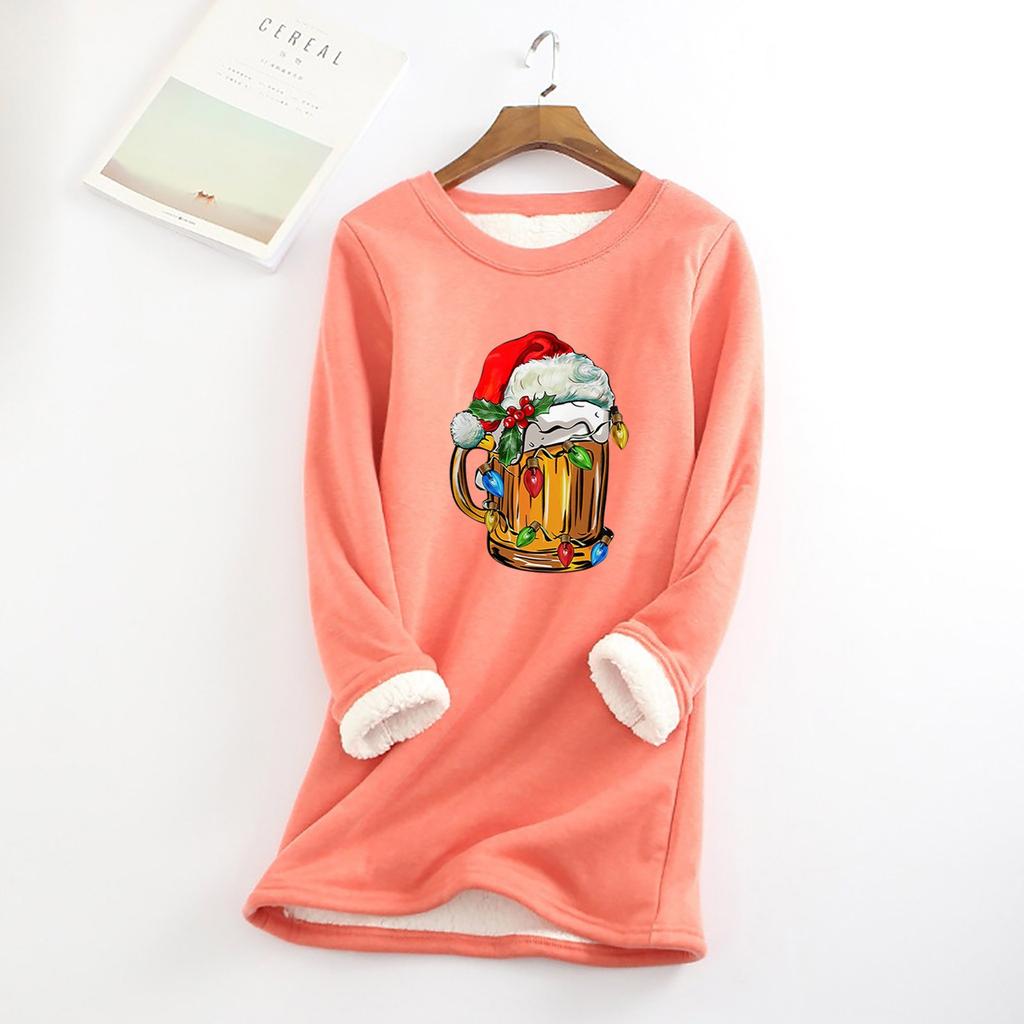 Женский круглый вырез с принтом из утолщенного плюша и кашемира, теплый длинный топ