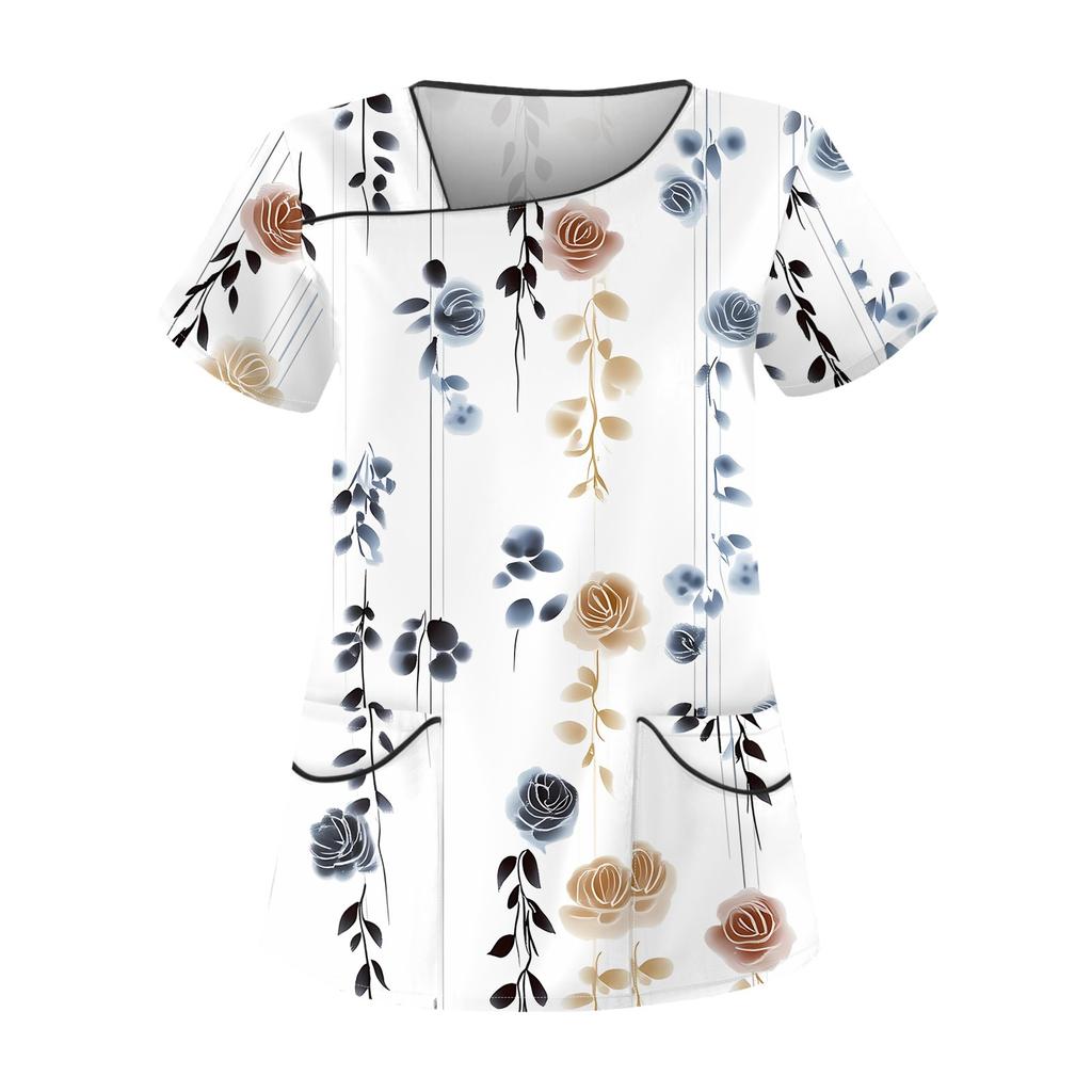 Женская повседневная рабочая одежда с короткими рукавами и наклонным воротником с принтом и двойными карманами
