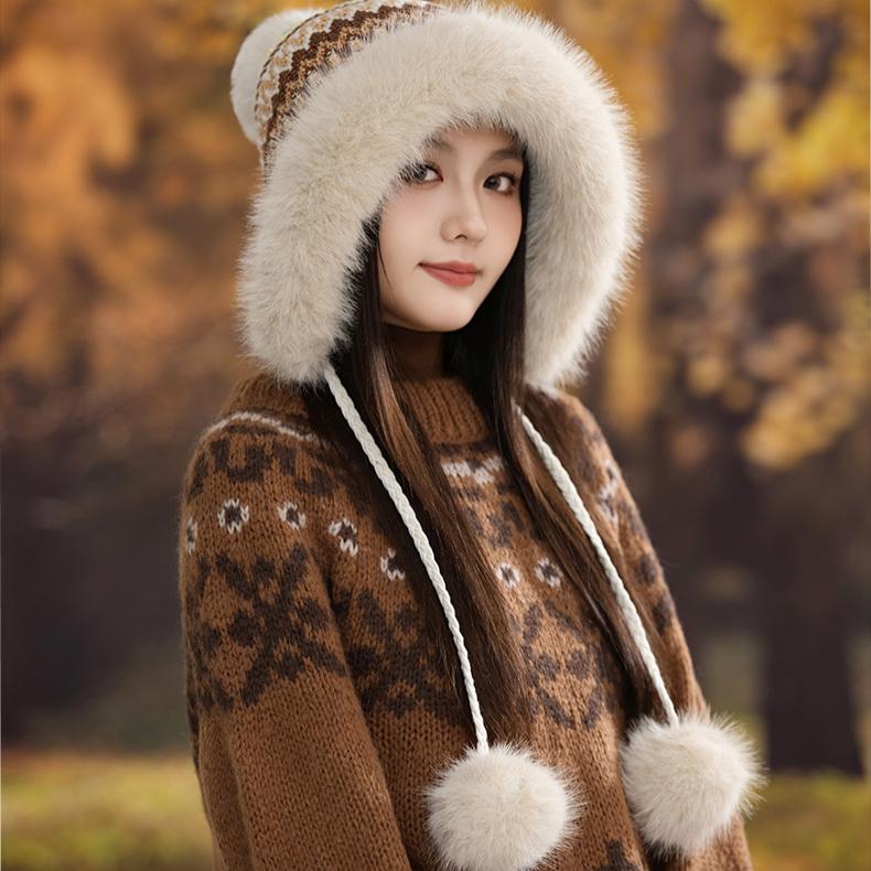 Winter Retro Ethnic Style Knitted Hat Children Thickened Velvet Cold-proof Wool Hat Warm Ear Protector Hairball Bag Head Hat