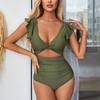 Ayollar uchun volanli bir qismli cho'milish kiyimlari V shaklidagi bo'yinli burmali monokini cho'milish kiyimlari plyajda serfing uchun