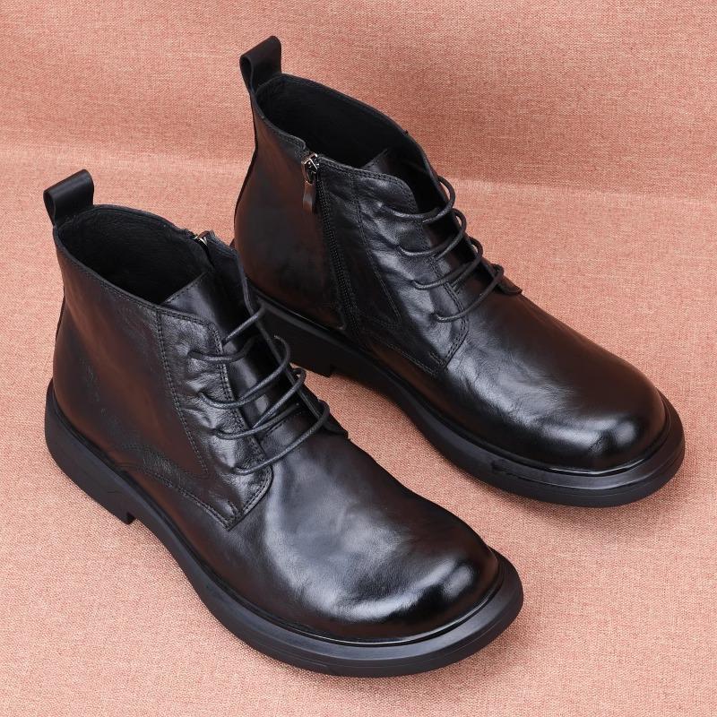 Men's first-layer cowhide autumn breathable winter velvet Martin fashion leather medium-top high-top leather shoes flowing leather boots short boots