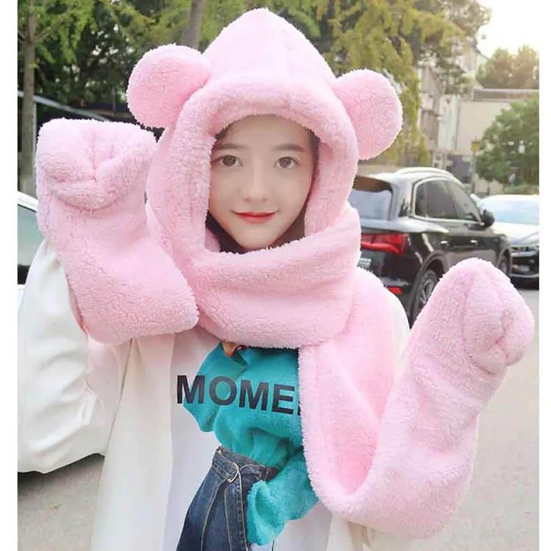 Шапка с медведем, корейская осенне-зимняя женская шапка, уличный велосипедный шарф с капюшоном, перчатки, один шарф, чтобы согреться