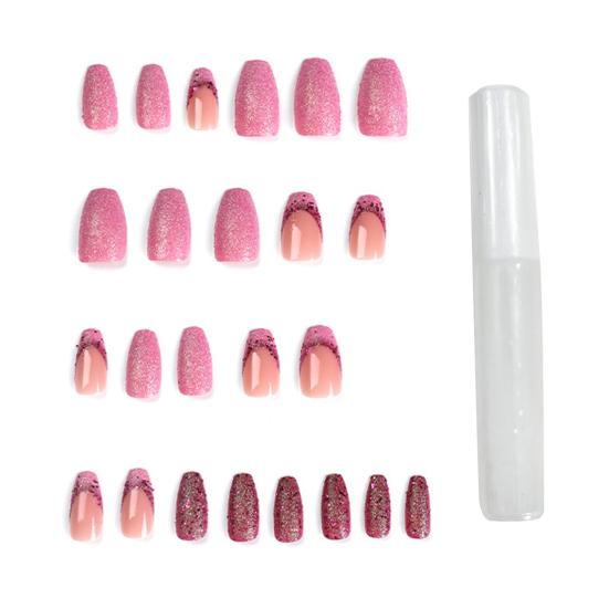 1 Set Women Glitter FALSE Pink-Purple Nails with Glue Wearable Color Gel Fake Nails
