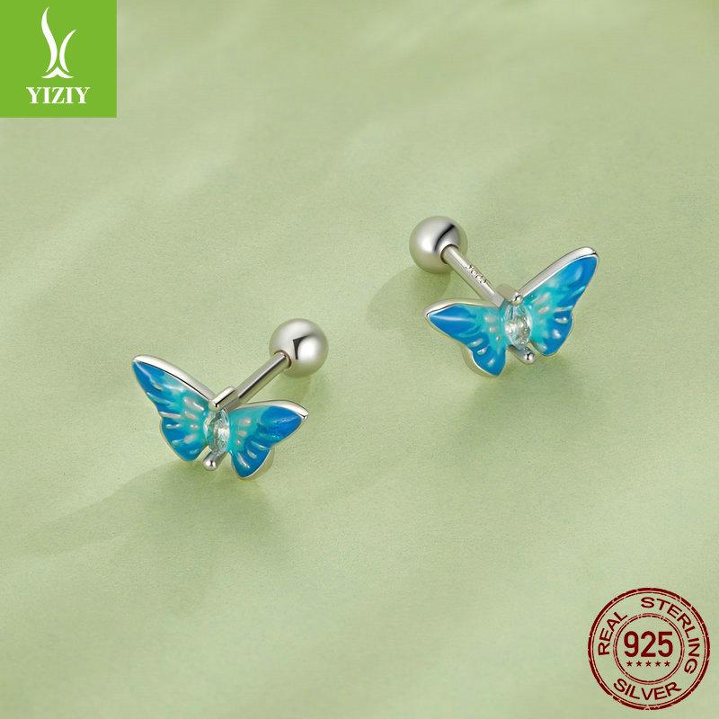 Bright Oil Drop Butterfly Earrings for Women - S925 Silver Threaded Ear Jewelry