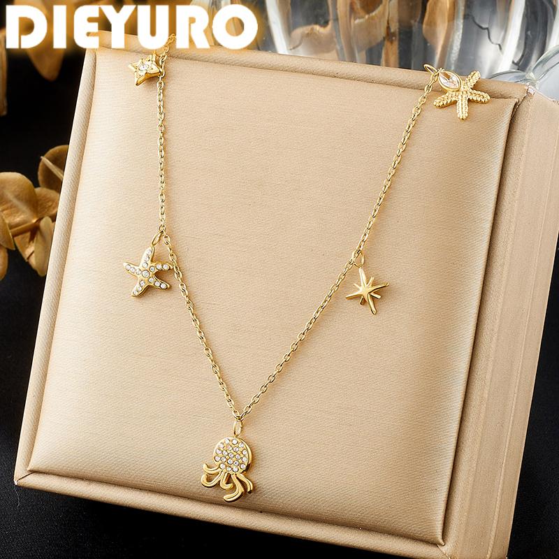 DIEYURO 316L Stainless Steel Golden Octopus Starfish Inlay Zircon Star Pendant Necklace for Women Ocean Neck Chain Jewelry Gift