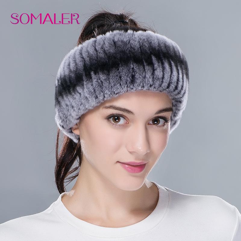 SOMALER Winter Real Rabbit Fur Headband for Women Knitted Rex Rabbit Fur Head Wrap Womens Ear-warmer