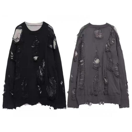 Мужской осенне-зимний свитер, рваный поддельный двухсекционный хип-хоп, однотонный, с вырезами, вязаный с круглым вырезом и длинным рукавом, свободный, мягкий, толстый, теплый, уличная одежда