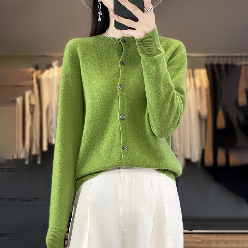Women's Wool Cardigan: Autumn/Winter Round Neck Long Sleeve Knit Sweater, Slimming & Loose Fit
