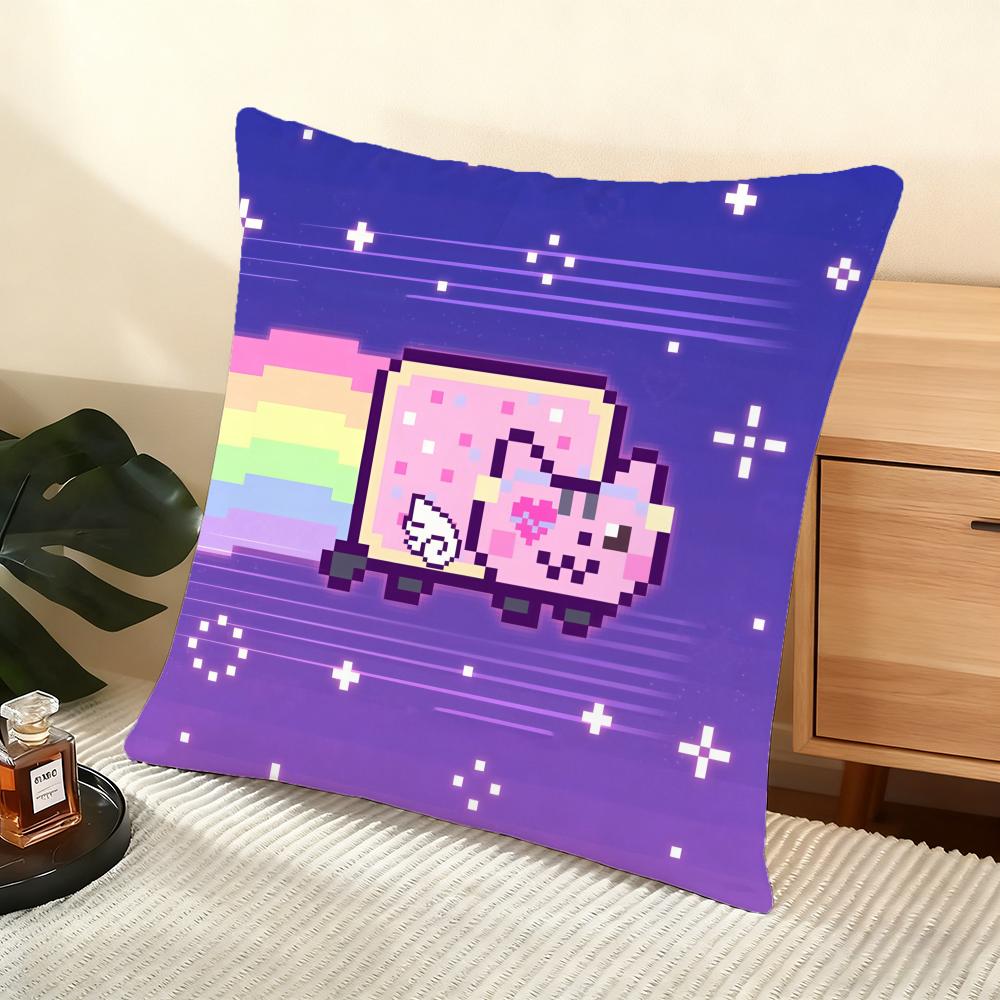 Cartoon Game N-Nyan-C-Cat Cushion Cover Soft Short Plush Pillow Cover Smooth Cozy Texture Aesthetic Cushion Case Home Decor