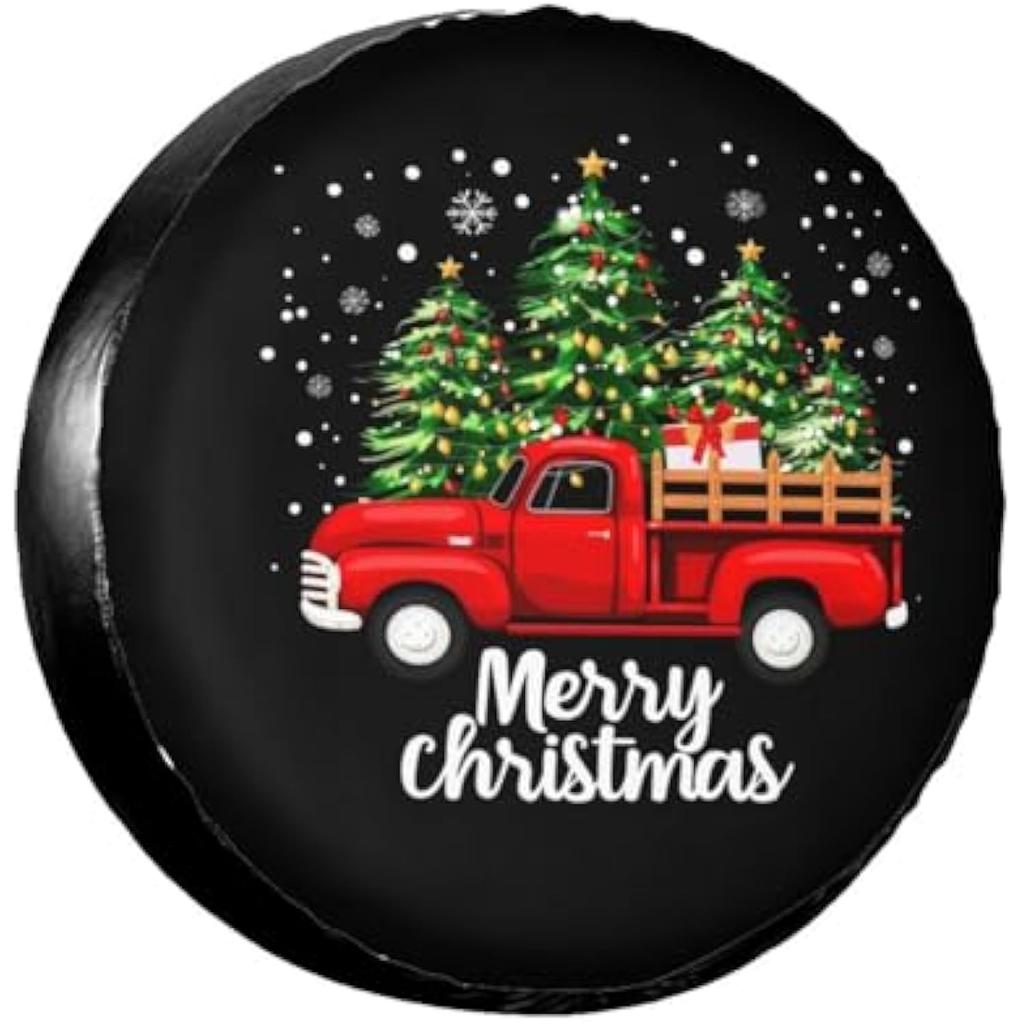 Merry Christmas Vintage Red Truck Spare Tire Cover Waterproof Winter Wheel Protector for RV SUV Camper Trailer