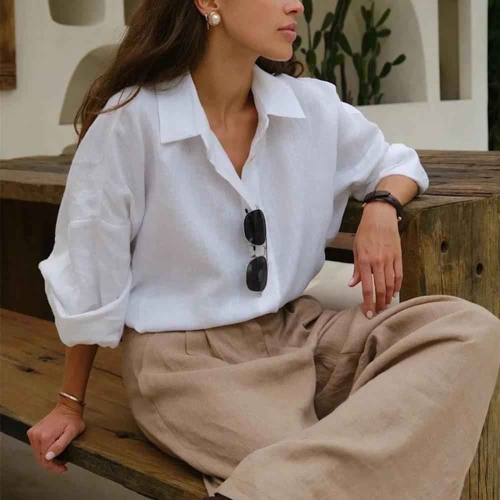 New Summer Cotton Linen Long Sleeve Flounce Blouse For Women