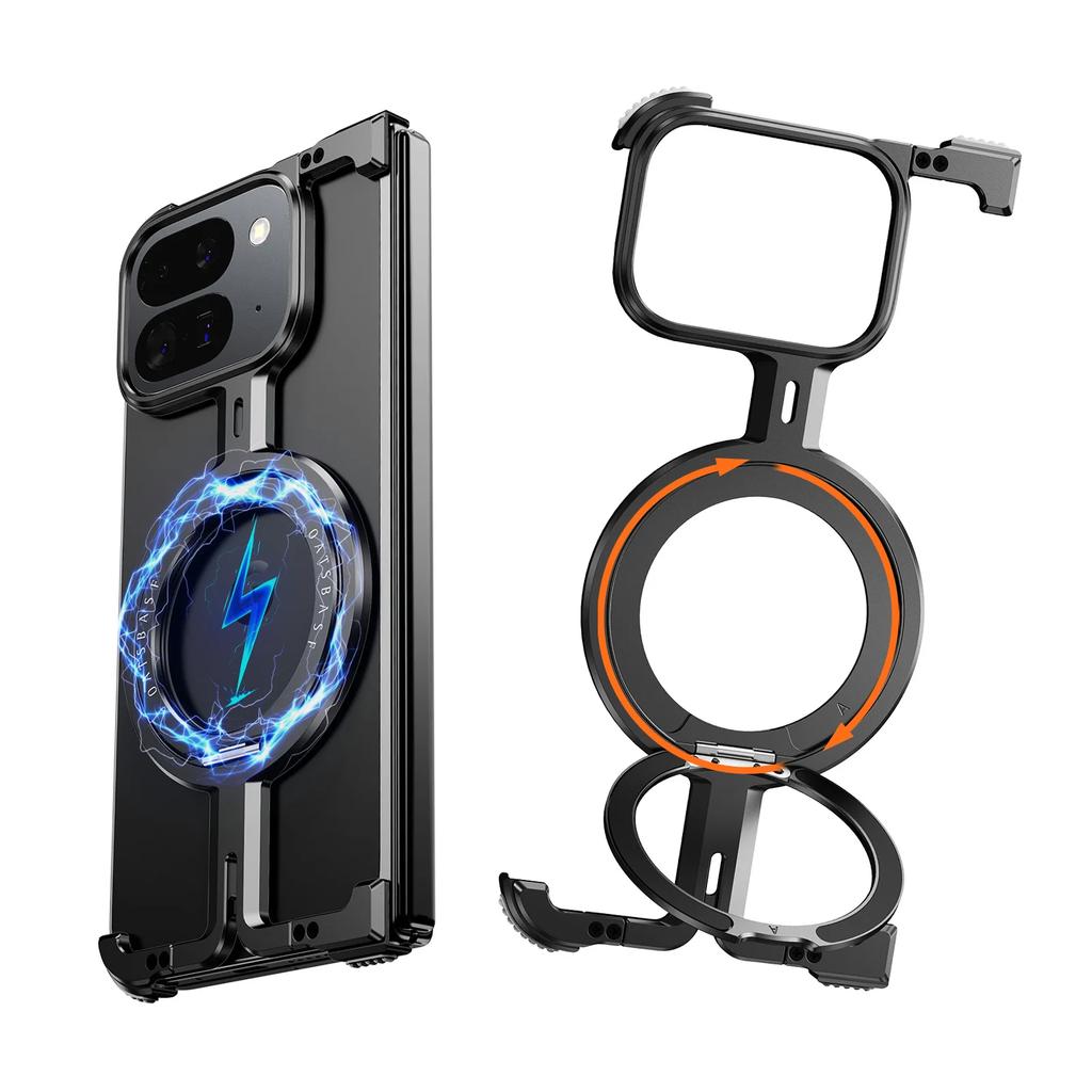 Oatsbasf Metal Frameless for Google Pixel 9/9Pro/9Pro XL/9 Pro Fold Phone Case w/Magnetic Kickstand Protective Slim Cover Bumper