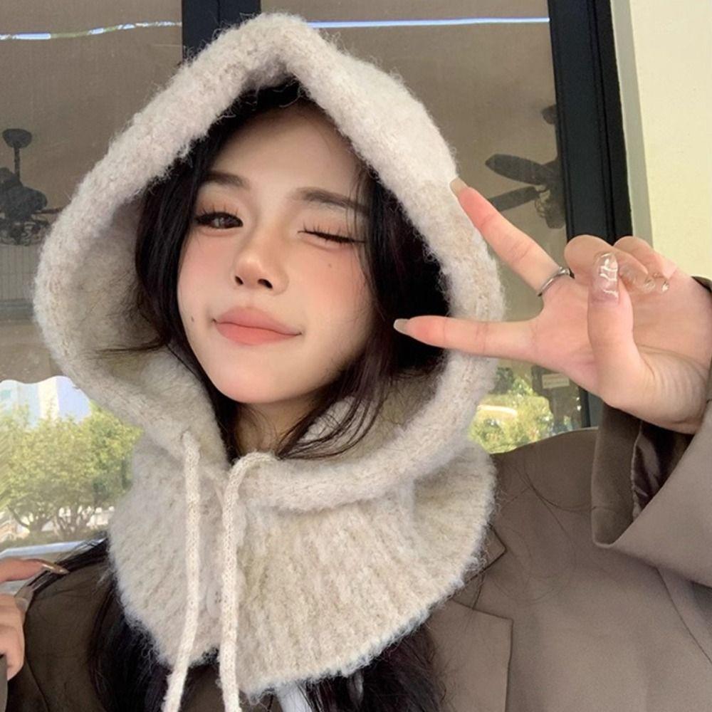 Solid Color Knitted Pullover Hat Plush Windproof Cap Korean Women Winter Balaclava  Outdoor