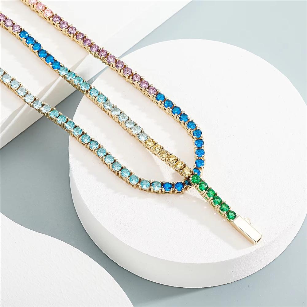 Rainbow Gradient Tennis Chain Brass Prong Setting Multi Color Cubic Zircon Hip Hop Unisex 3mm&6mm Stackable Bracelet