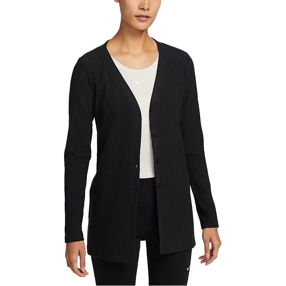 Nike Nsw Chll Knt Rib Cardigan Fashion Universal Comfortable V-образным вырезом с длинным рукавом Dress Women dresses Black HJ1244-010