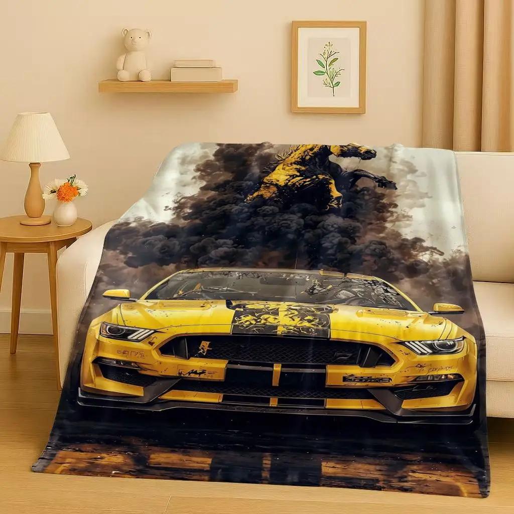 Фланелевое одеяло с логотипом гоночного автомобиля Mustang HD, ультрамягкий теплый плюшевый плед для дома, спальни, кровати, дивана, пикника, детей, офиса